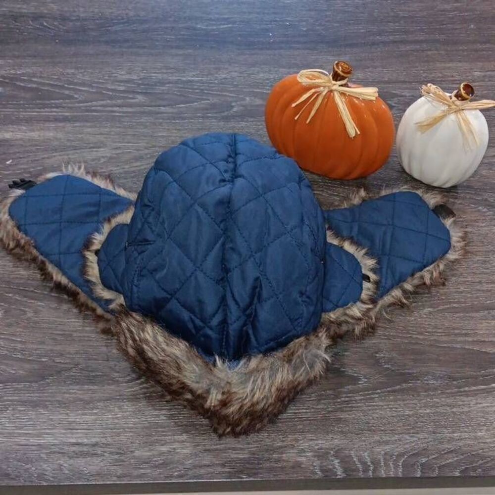 SA CO Trapper Hat Color Navy with Brown & Tan Faux Fur Ear Flaps with Snap NWT